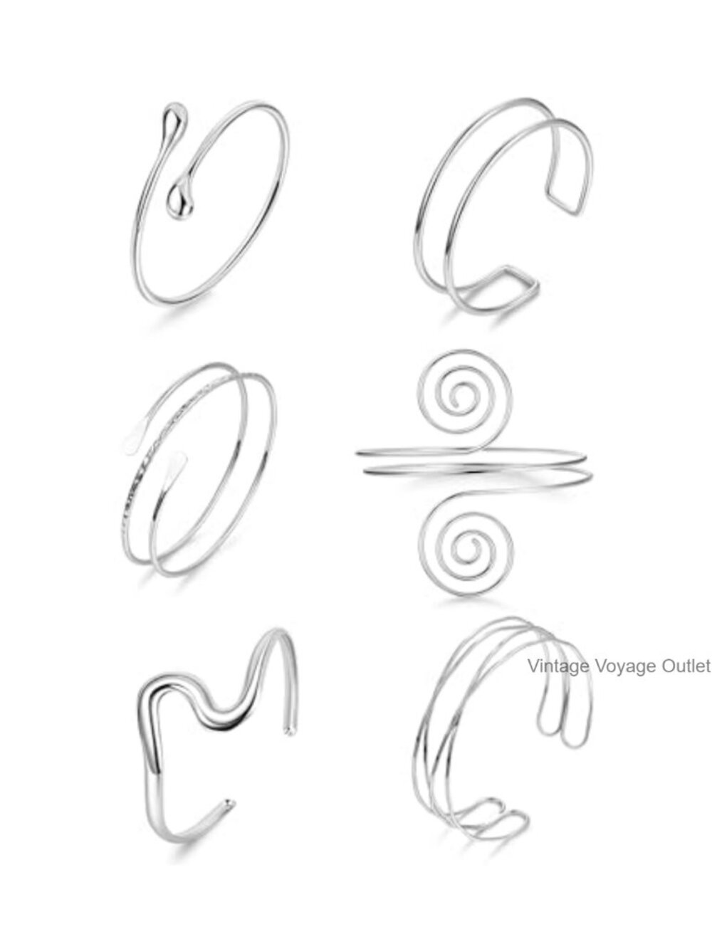 6 Piece Upper Arm Cuff Bangle Set Hammered Chunky Adjustable Open Wire Bracelet